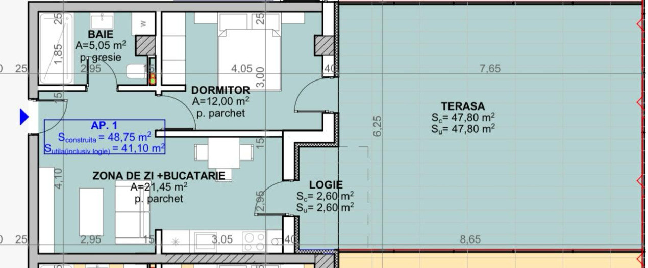 Apartament cu 2 camere si terasa de 47 mp zona Centru Vechi