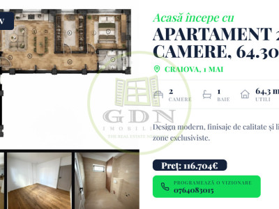 Apartament 2 camere, open space , 64.30mp, cartier 1 Mai