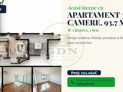 Apartament 3 camere, decomandat, 93.7 mp, cartier 1 Mai