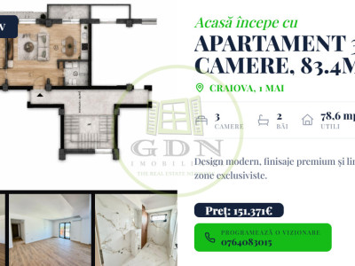 Apartament 3 camere, open space, 83.4mp, cartier 1 Mai