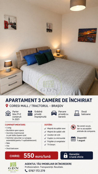 Inchiriere apartament 3 camere cu grădină Tractor Brașov