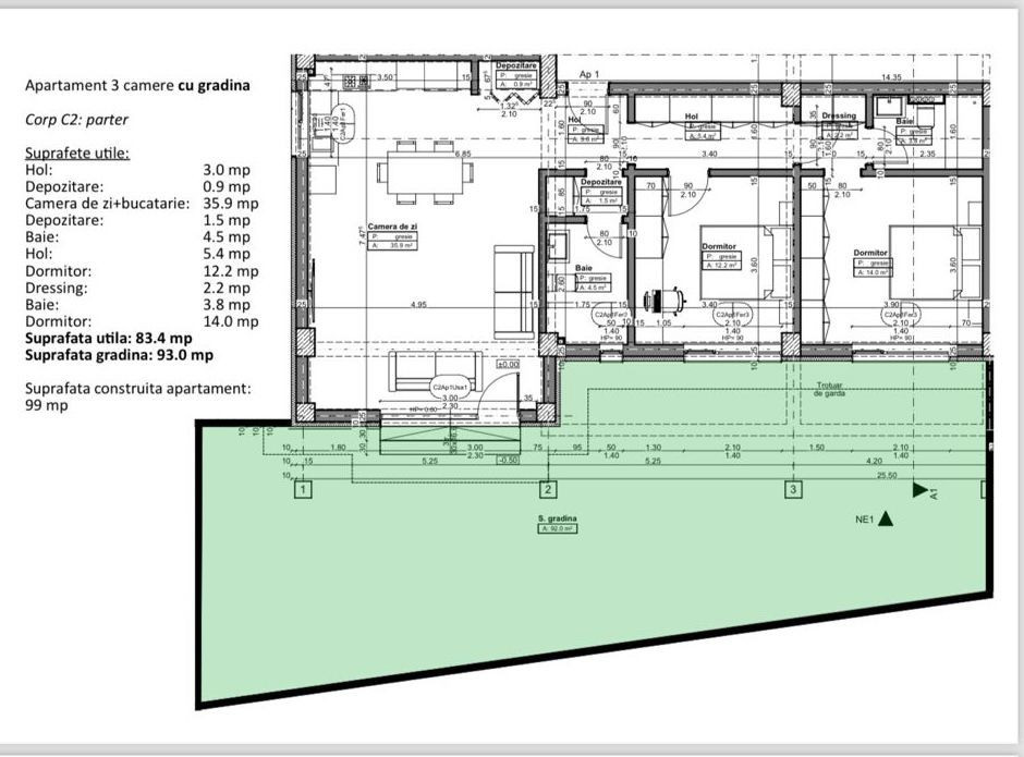 Apartament 3 camere, decomandat, 83mp+93mp curte, Veteranilor, Nicolae Romanescu